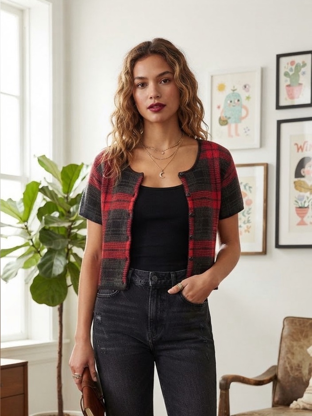 Vintage 90’s Sasson Plaid Knit Cropped Short Sleeve Cardigan Whimsygoth